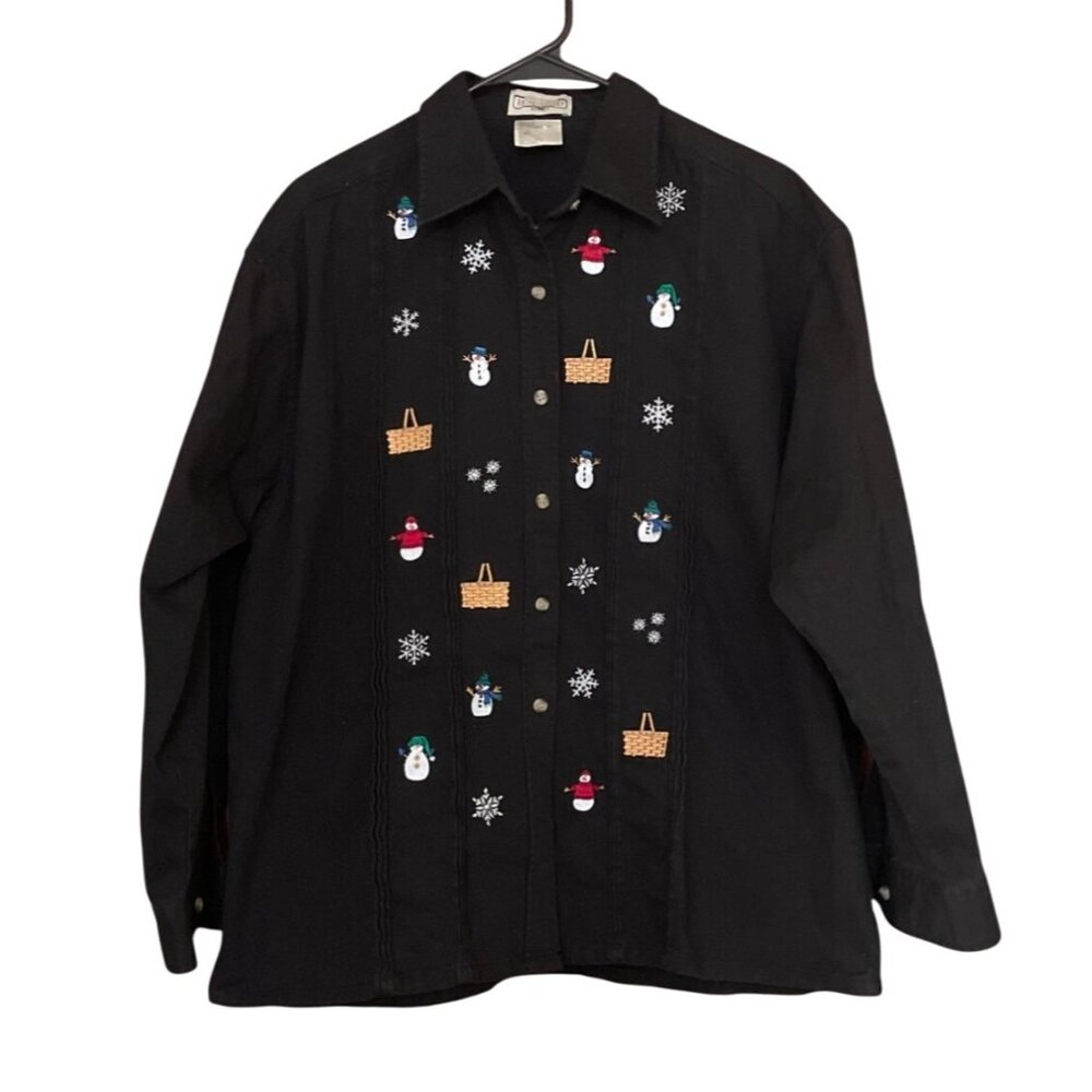 Longaberger Homestead Black Christmas Winter ButtonUp Shirt SZ L Basket Snowman